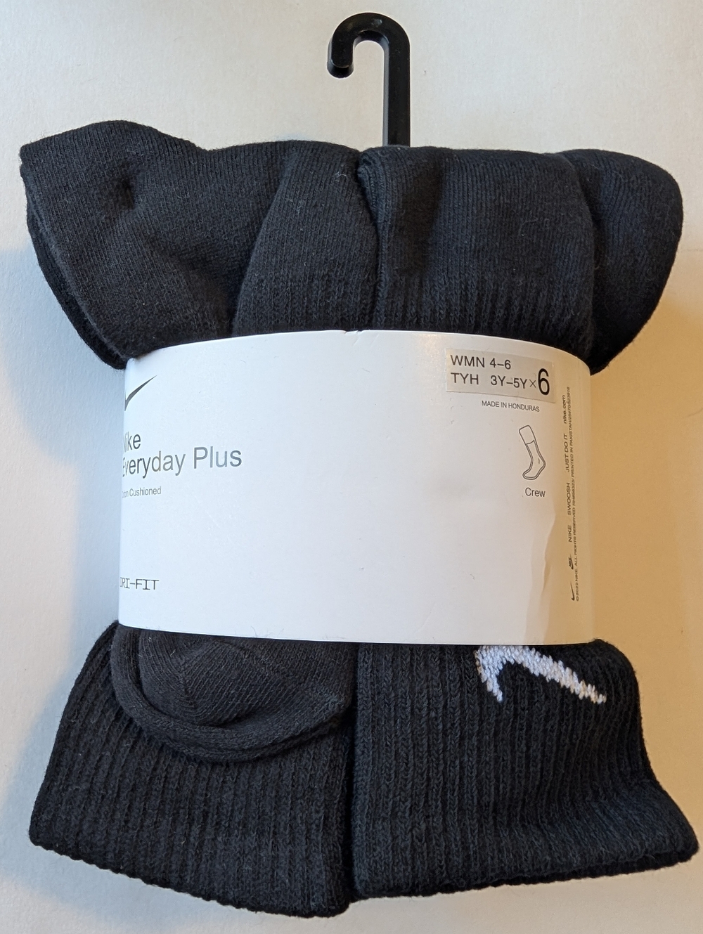 Nike Everyday Plus Black Crew Socks 6 Pack Youth 3Y-5Y / Women's 4-6 New